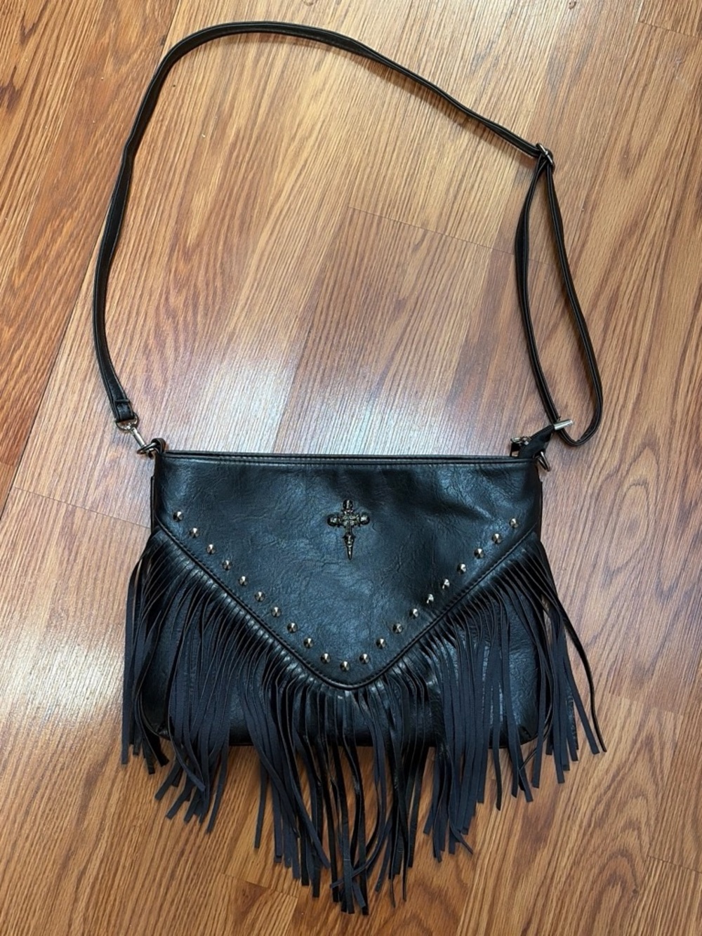 Black Fringe Cross Accent Crossbody Bag